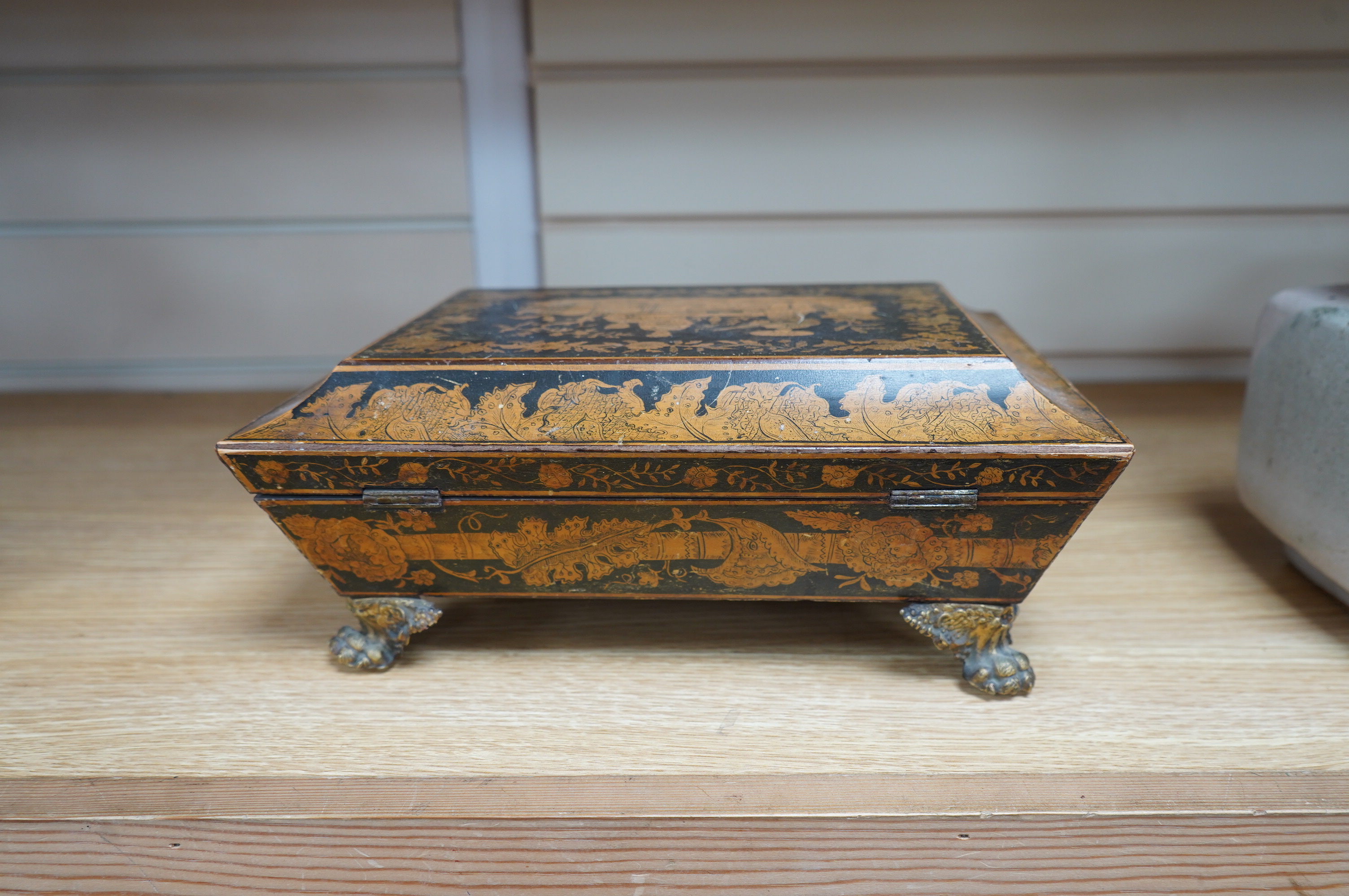 A Regency penwork work-box of sarcophagus form, 29cm. Condition - poor to fair
